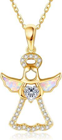 wholesale 14K Gold Angel Heart Opal Pendant Necklace for Women Mom Lovers Gift-Angel Necklace