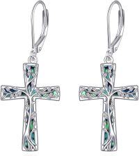 wholesale 925 Sterling Silver Abalone Shell Tree of Life Cross Leverback Earrings-Tree of Life
