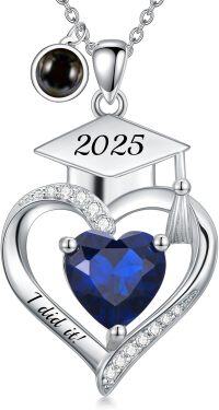 wholesale  Sterling Silver Heart Birthstone Necklace High School College Graduation Jewelry for Her -Customized projection image + text 09-Sep-Sapphire-Non-Personalized 09-Sep-Sapphire