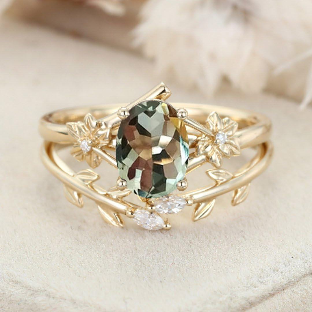 14K Solid Gold Oval Gemstone Vintage Vine Bridal Ring Set-0-4