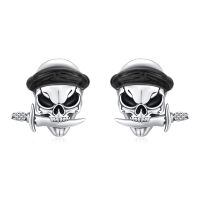 wholesale 925 Sterling Silver Red Stone Pirate Skull Stud Earrings for Men & Women-Black