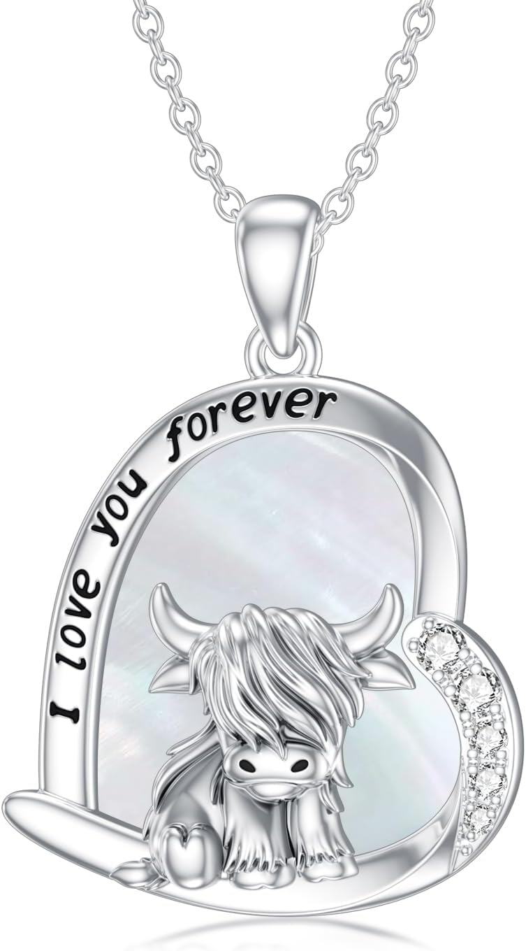 Sterling Silver Highland Cow Birthstone Necklace Jewelry Gifts for Women Girls-8-7-White Shell-8-7-White Shell
