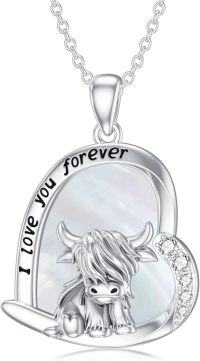 wholesale Sterling Silver Highland Cow Birthstone Necklace Jewelry Gifts for Women Girls-8-7-White Shell-8-7-White Shell