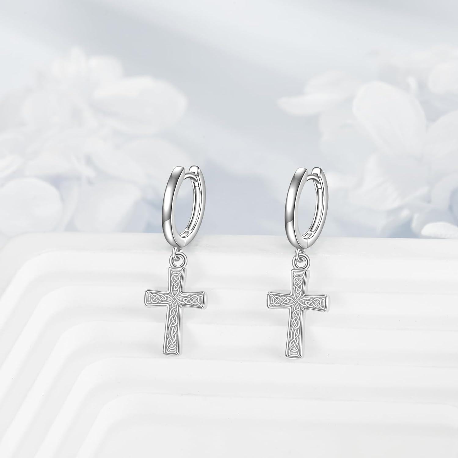 Sterling Silver Dangle Drop Cross Hoop Huggie Earrings Jewelry Gifts for Women-0-5
