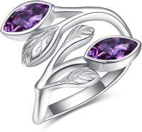 wholesale Sterling Silver Leaf Ring with Birthstone Adjustable Wrap Promise Engagement Wedding Rings for Women-Purple Amethyst