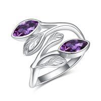 wholesale 925 Sterling Silver Leaf Ring with Birthstone Adjustable Wrap Promise Engagement Wedding Rings for Women-Purple Amethyst
