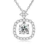 wholesale White Gold Plated Silver & Moissanite Geometric Cushion Cut Solitaire Necklace 1.0ct w/GRA Card-H-Cushion cut