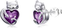 wholesale 925 Sterling Silver Amethyst Cat Stud Earrings - February Birthstone, 10-13mm, Cute & Elegant Gift for Cat Lovers-02-Feb-Amethyst