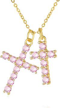 wholesale 14K Gold Sterling Silver Birthstone Double Cross Necklace for Women-10-10-Oct-Oct