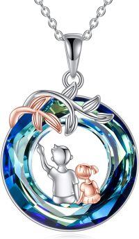 wholesale 925 Sterling Silver Blue Crystal Heart Pendant with Two Figures - Best Gifts for Sister-2-Brother Sisters