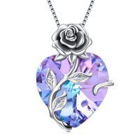 wholesale 925 Sterling Silver Crystal Rose Flower Heart Pendant Necklace-02-Feb - Amethyst