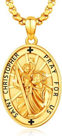wholesale 925 Sterling Silver Plated Gold  Saint Christopher Pray For Us Oval Medal Pendant Necklace -10a-St Christopher-Gold-10a-St Christopher-Gold