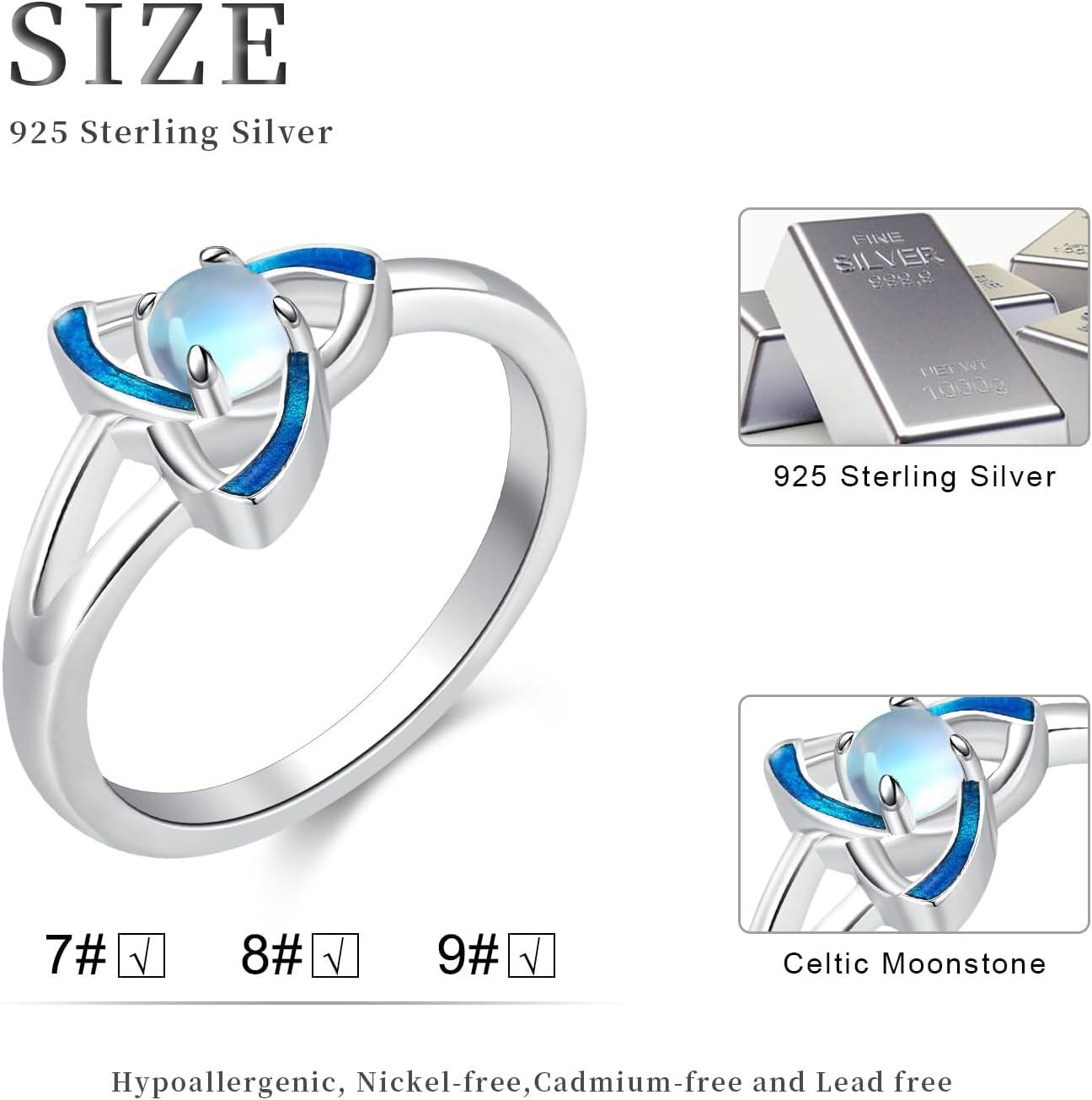 Sterling Silver Moonstone Celtic Knot Trinity Ring for Women Jewelry Gifts-0-1