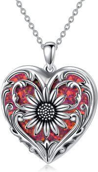 wholesale 925 Sterling Silver & Red Opal 1 Sunflower Necklace with Heart Charm - Meaningful Gift for Women-B1-Red Opal Sunflower