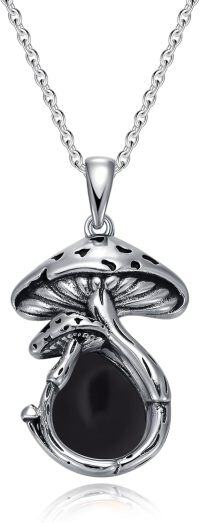 wholesale Sterling Silver Mushroom Necklace with Malachite Moss Agate Opal Moonstone Black Onyx Pendant Women s Jewelry Gift-Black Onyx Mushroom