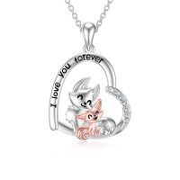 wholesale 925 Sterling Silver Mom Heart Shape Animal Pendant Necklaces for Women Girls Family Love Gift-04-Fox