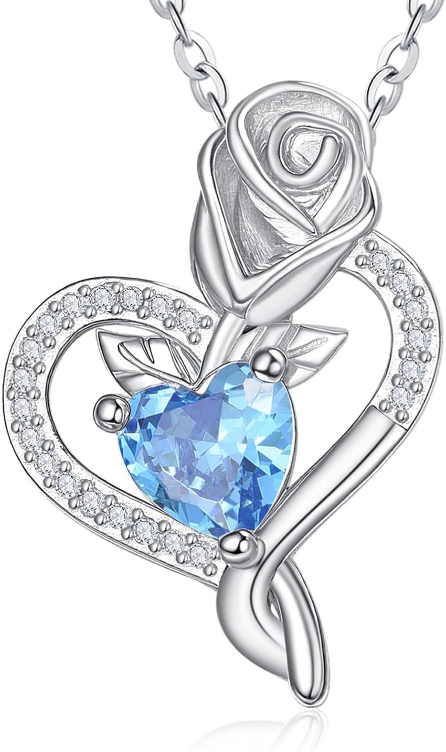 Sterling Silver Birthstone Heart Pendant Necklace for Women-03-Mar