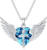 wholesale Sterling Silver Gold Angel Wings Necklace with Cross Birthstone Valentine s Gift-03-Mar-Aquamarine White Gold