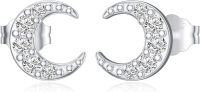 wholesale 925 Sterling Silver Crescent Moon & Stars CZ Stud Earrings - GHI Color Cubic Zirconias-Styel2：1\/20cttw Diamond Moon earrings