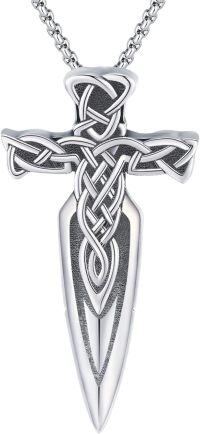 wholesale 925 Sterling Silver Celtic Cross and Sword Pendant Necklace - Gothic Viking Jewelry for Men & Women-Stainless steel chain 22\"