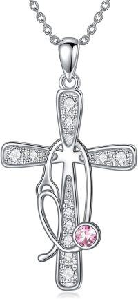 wholesale 925 Sterling Silver Birthstone Crystals Stethoscope Necklace for Nurse Doctor Medical Student-10-Oct-Pink