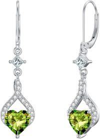 wholesale Sterling Silver Birthstone Infinity Heart Leverback Dangle Earrings for Women-08.Natural Peridot