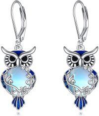 wholesale 925 Sterling Silver Blue Moonstone Owl Drop Earrings Gift for Her-Moonstone owl leverback earrings
