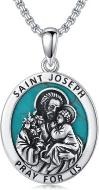 wholesale 925 Sterling Silver Round Genuine Turquoise Saint Joseph Pray For Us Pendant Necklace with 48cm Chain for Women and Men-St Joseph