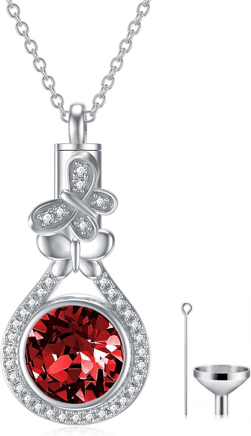 Sterling Silver Austrian Crystal Butterfly Urn Necklace for Ashes-01-Jan. Garnet