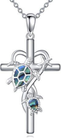 wholesale 925 Sterling Silver Cross Necklace with Abalone Shell Sea Turtles and Dolphin Pendants-cross turtle necklace