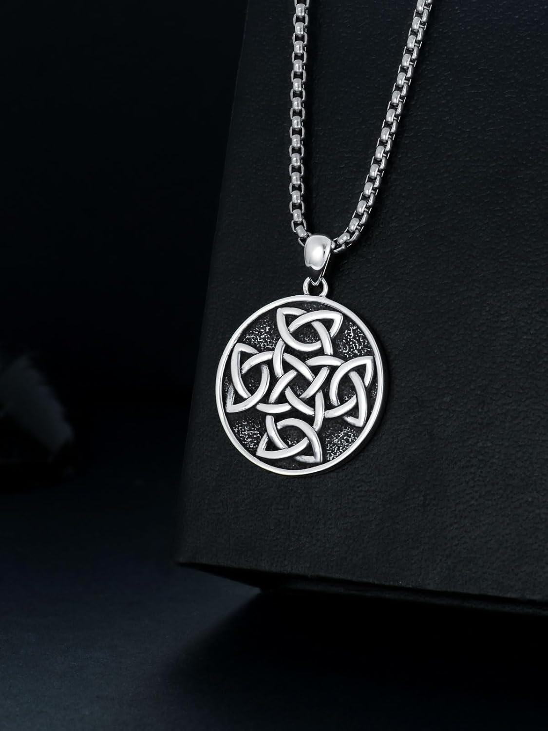wholesale 925 Sterling Silver Celtic Knot Circle Pendant on Stainless Steel Rolo Chain Necklaces with Black Stone and Triquetra Design for Men & Women Christian  Ideas-0-2