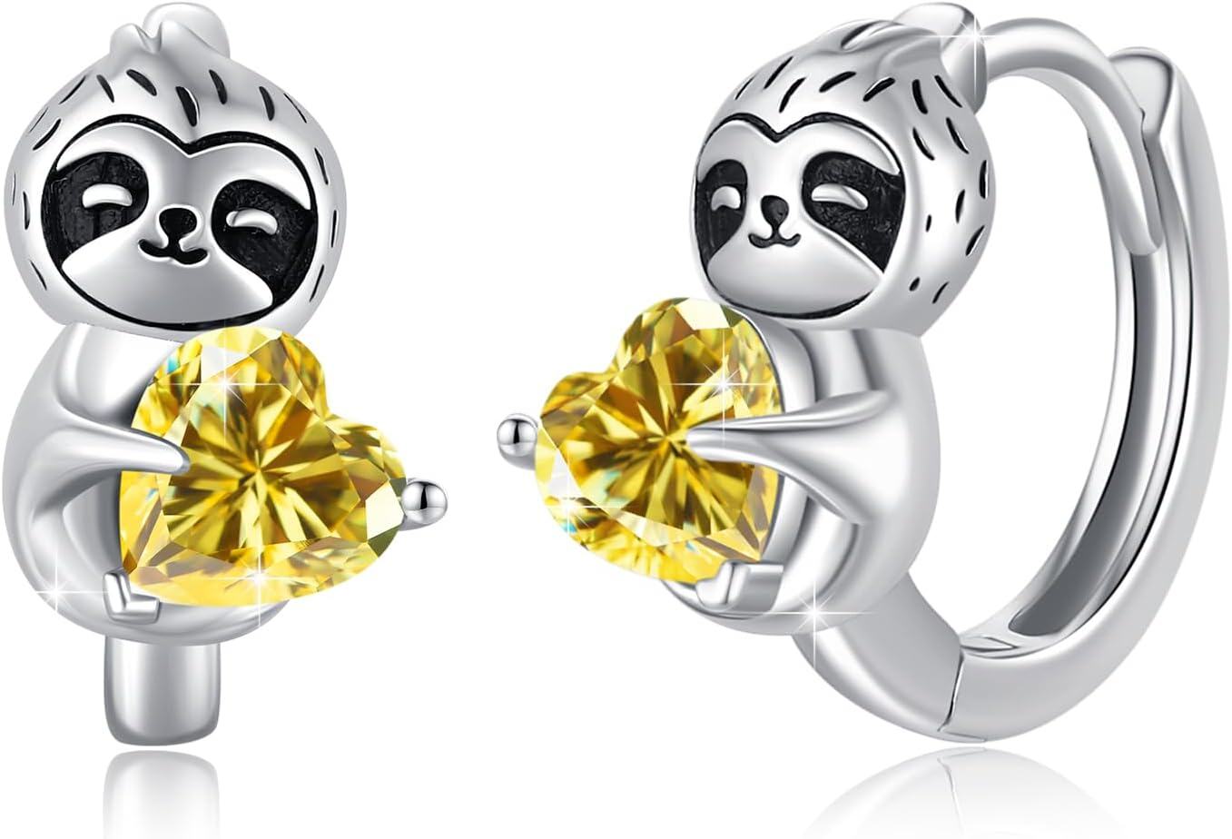 Sterling Silver Hypoallergenic Sloth Hoop Earrings for Women Girls Teens-Yellow
