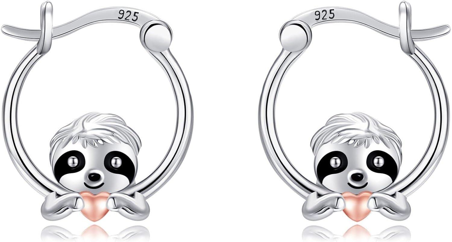 Sterling Silver Animal Hoop Earrings Duck Cow Pig Dog Yorkie Otter Hypoallergenic Cute Gifts for Women-Sloth