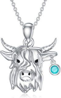 wholesale 925 Sterling Silver Highland Cow Head with Blue Stone Charm Pendant Necklace for Women-style 3