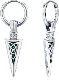 wholesale 925 Sterling Silver Green Stone Arrowhead Celtic Knot Viking Hoop Earrings for Men & Women-Silver-Abalone