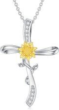 wholesale 925 Sterling Silver Yellow Gold Plated Cubic Zirconia Sunflower Faith Cross Pendant Necklace-0-0