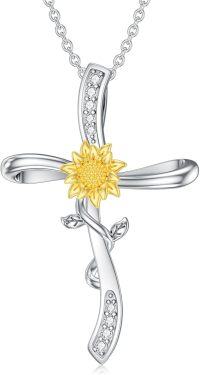 wholesale 925 Sterling Silver Yellow Gold Plated Cubic Zirconia Sunflower Faith Cross Pendant Necklace-1