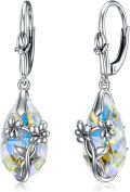 wholesale 925 Sterling Silver Teardrop Crystal Aurora Borealis Drop Dangle Earrings with Flowers and Leaves Design for Women's Gift-0-0