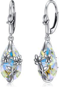 wholesale 925 Sterling Silver Teardrop Crystal Aurora Borealis Drop Dangle Earrings with Flowers and Leaves Design for Women's Gift-2-February