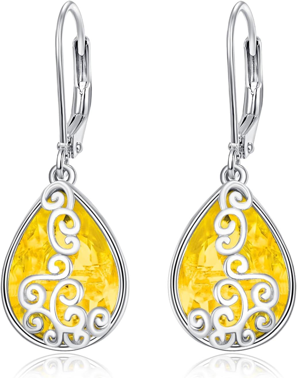 Sterling Silver Birthstone Teardrop Leverback Dangle Earrings-citrine