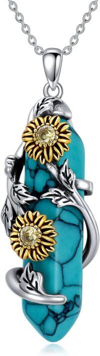 wholesale 925 Sterling Silver Turquoise Stone Sunflower Pendant Necklace s for Women-Turquoise