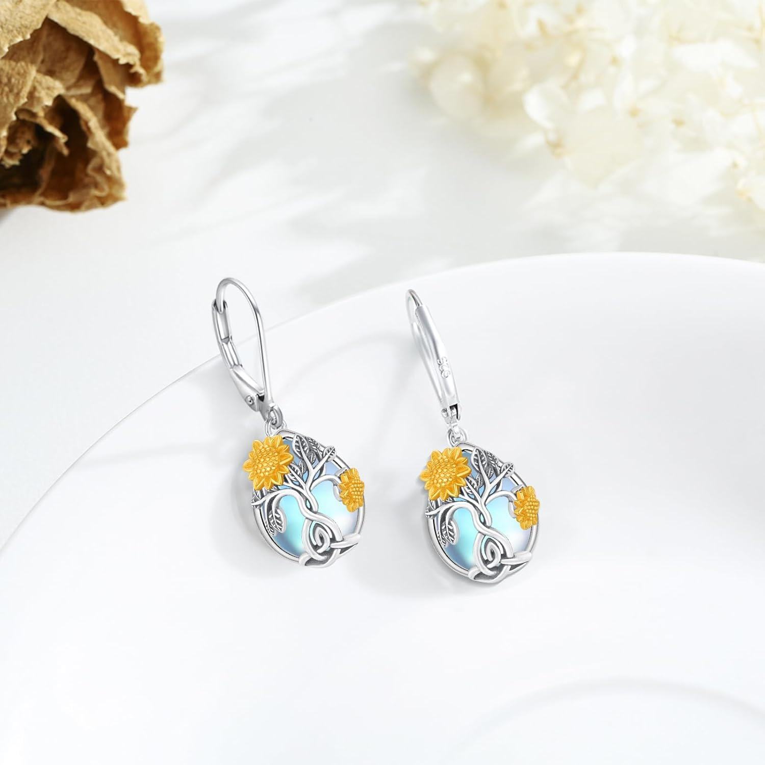 Sterling Silver Sunflower Earrings with Sunshine Dangle Drop for Women Girls Jewelry Gifts-0-2