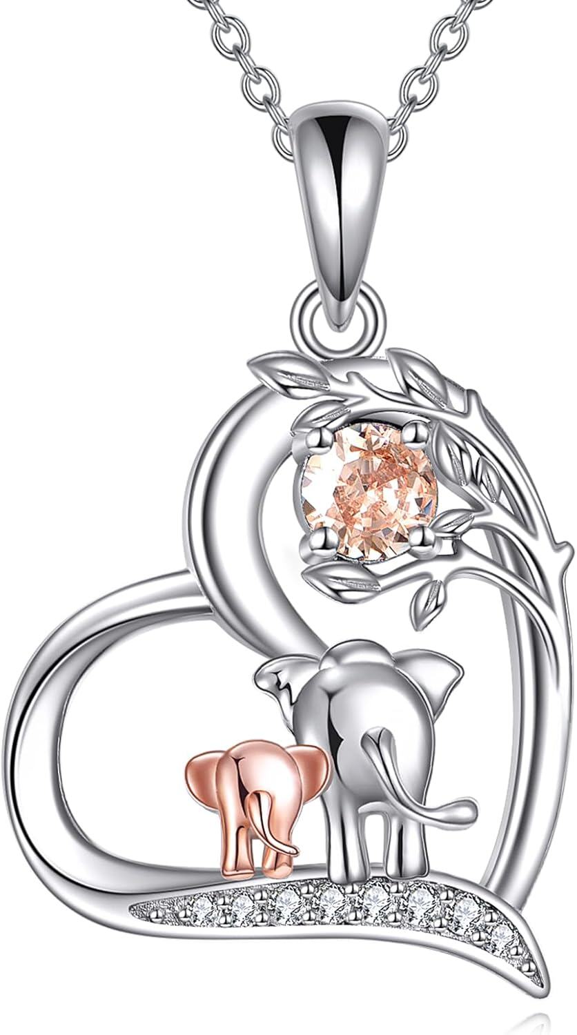  Sterling Silver Birthstone Elephant Pendant Necklace Cute Animal Jewelry Gift for Women Mom Wife -11-November Citrine