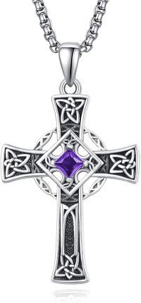 wholesale Sterling Silver Garnet Celtic Cross Necklace for Men 22 +2 Chain-Silver-February