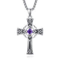 wholesale 925 Sterling Silver Garnet Celtic Cross Necklace for Men 22 +2 Chain-Silver-February