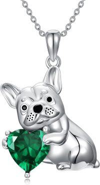 wholesale Metal Synthetic Stone French Bulldog Pendant Necklace for Women-May(Emerald)