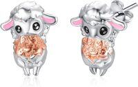 wholesale 925 Sterling Silver Sheep Stud Earrings with Rose Gold Accents and Pink Enamel Details-Sheep