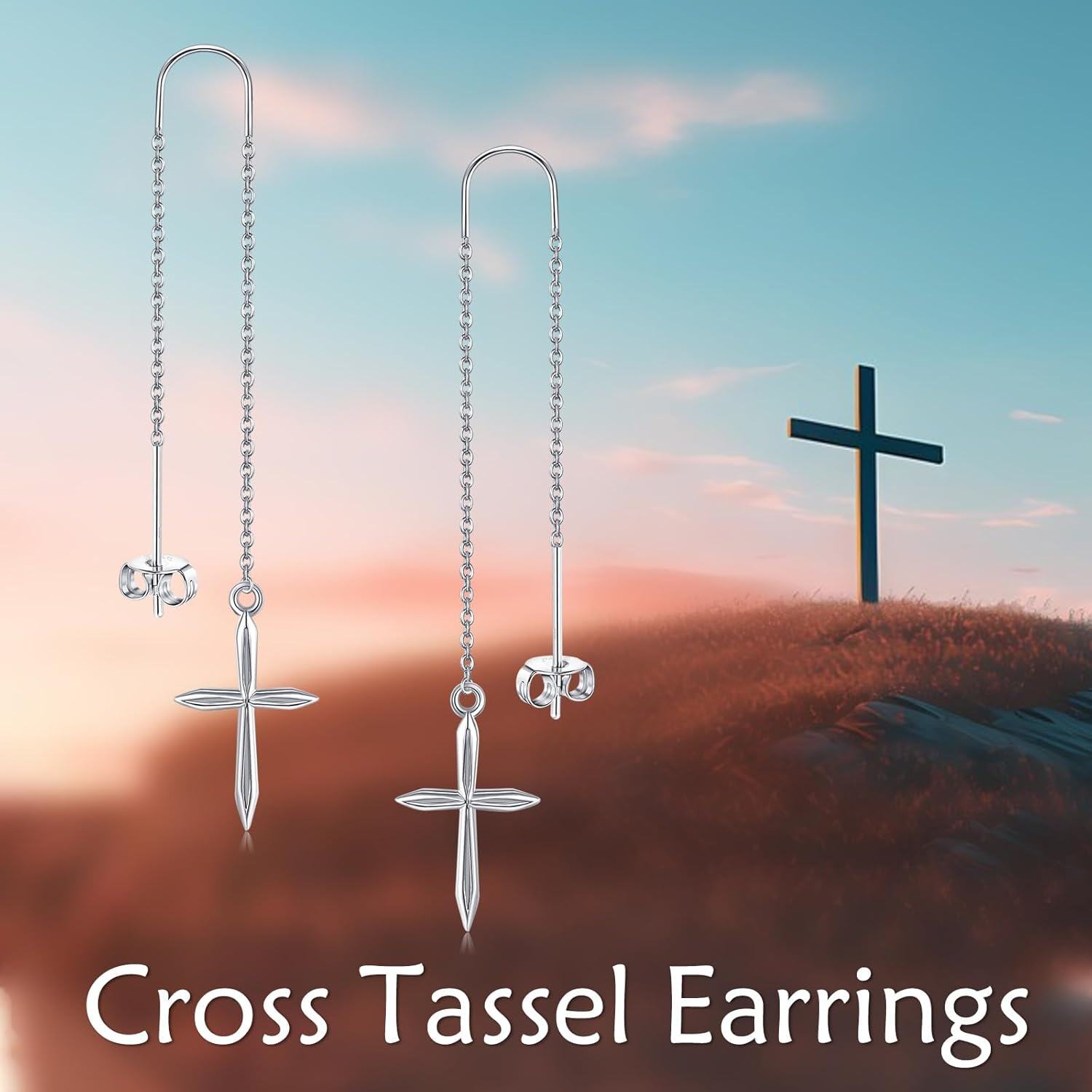 925 Sterling Silver Cross Heart Threader Chain Drop Earrings for Women-0-1
