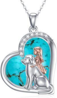 wholesale 925 Sterling Silver Turquoise Stone Heart Shaped Girl and Dog Pendant Necklace for Women-Blue-Turquoise