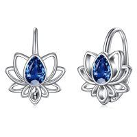 TOUPOP Sterling Silver Created Sapphire Lotus Flower Dangle Drop Earrings-undefined